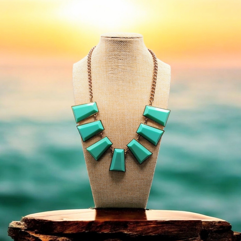 Aqua Green Resin Tile Bronzy Tone Statement Necklace